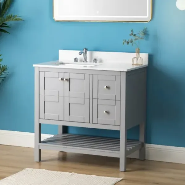 Bathroom Furniture-Kirkland's Home Foster Wood Backsplash Sink Vanity Gray
