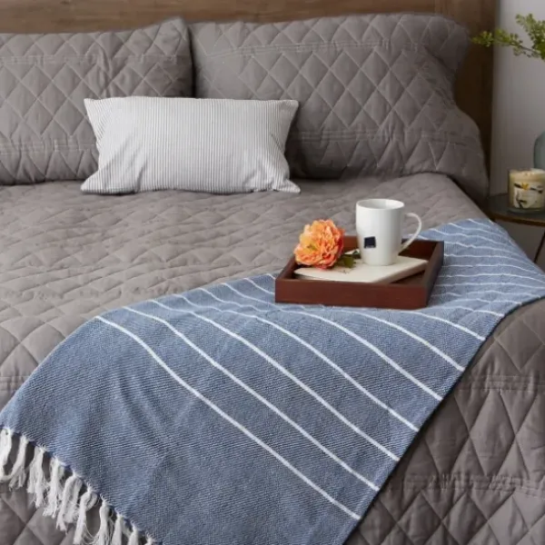 Blankets & Throws-Kirkland's Home French And White Thin Stripe Throw Blue