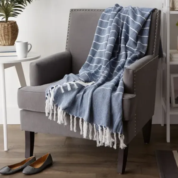 Blankets & Throws-Kirkland's Home French And White Thin Stripe Throw Blue