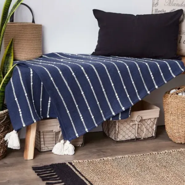 Blankets & Throws-Kirkland's Home French Slub Stripe Decorative Throw Blue