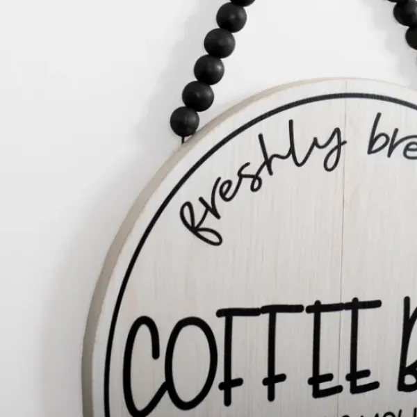 Wall Quotes & Signs-Kirkland's Home Freshly Brewed Coffee Round Beaded Wall Plaque White/Black