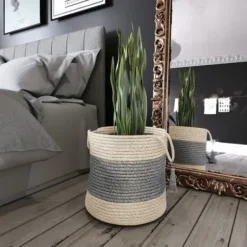 Baskets & Boxes-Kirkland's Home Frost Gray Bold Striped Jute Basket, 19 In. Gray/Ivory