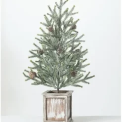 Trees & Topiaries-Kirkland's Home Frosted Pinecone Tree In Whitewash Planter, 24 In. Green/White/Brown