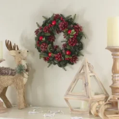 Wreaths-Kirkland's Home Frosted Red Ornament And Pinecone Wreath Green/Red