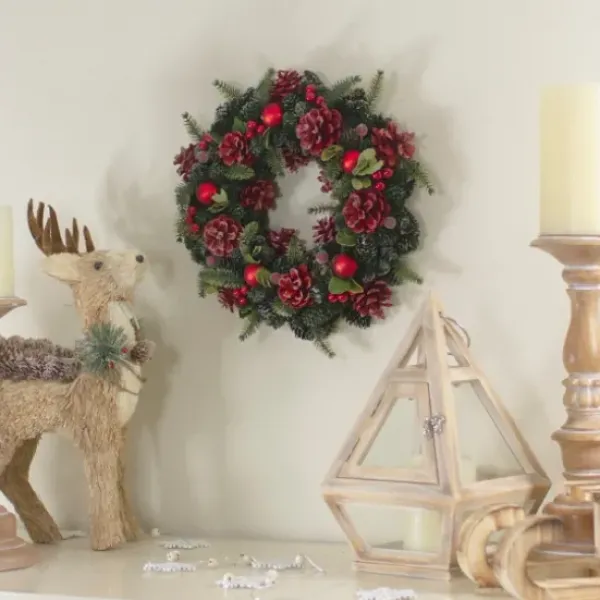 Wreaths-Kirkland's Home Frosted Red Ornament And Pinecone Wreath Green/Red