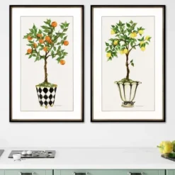 Framed Art-Kirkland's Home Fruit Topiary Giclee Black Framed Prints, Set Of 2 Ivory/Green/Multi