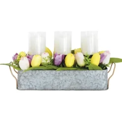 Arrangements & Greenery-Kirkland's Home Galvanized Spring Tulips Led Candle Centerpiece Pink/Green/Purple/Yellow/Silver