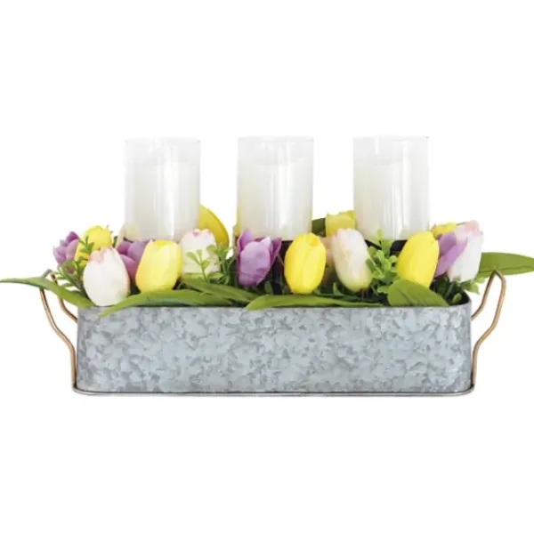 Arrangements & Greenery-Kirkland's Home Galvanized Spring Tulips Led Candle Centerpiece Pink/Green/Purple/Yellow/Silver