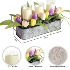 Arrangements & Greenery-Kirkland's Home Galvanized Spring Tulips Led Candle Centerpiece Pink/Green/Purple/Yellow/Silver