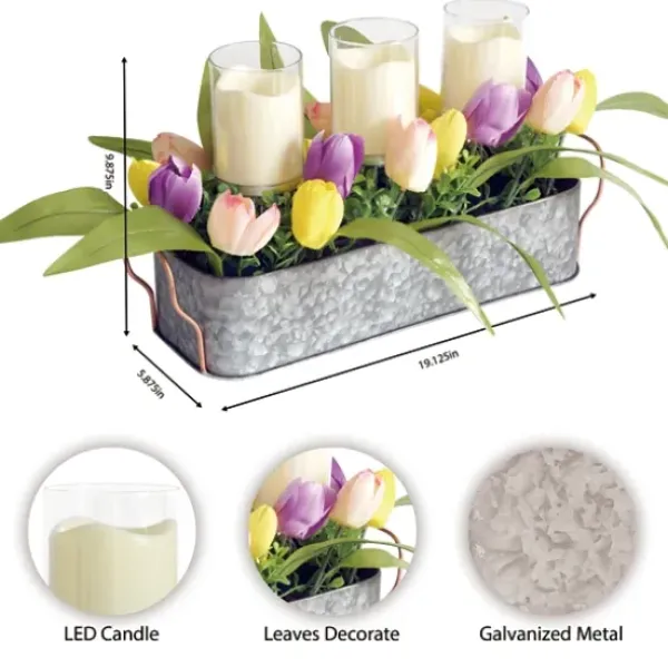 Arrangements & Greenery-Kirkland's Home Galvanized Spring Tulips Led Candle Centerpiece Pink/Green/Purple/Yellow/Silver