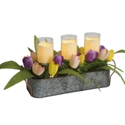Arrangements & Greenery-Kirkland's Home Galvanized Spring Tulips Led Candle Centerpiece Pink/Green/Purple/Yellow/Silver