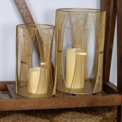 Candle Holders-Kirkland's Home Geometric Metal Hurricanes, Set Of 2 Gold