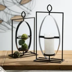 Candle Holders-Kirkland's Home Geometric Oval Frame Pillar Candle Holder Gray