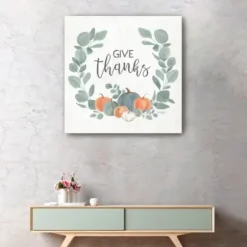 Wall Quotes & Signs-Kirkland's Home Give Thanks Eucalyptus Pumpkin Giclee Canvas Print Ivory/Green/Multi