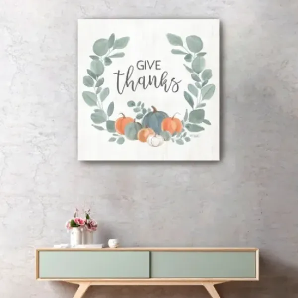 Wall Quotes & Signs-Kirkland's Home Give Thanks Eucalyptus Pumpkin Giclee Canvas Print Ivory/Green/Multi