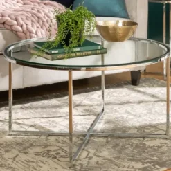 Coffee Tables-Kirkland's Home Glass & Chrome X-Base Coffee Table Clear
