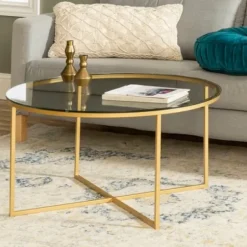 Coffee Tables-Kirkland's Home Glass & Gold X-Base Coffee Table Clear
