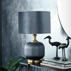 Table Lamps-Kirkland's Home Glass Base Round Velvet Shade Table Lamp Blue