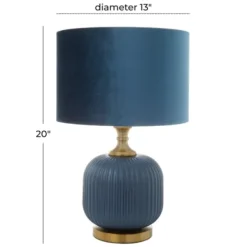 Table Lamps-Kirkland's Home Glass Base Round Velvet Shade Table Lamp Blue