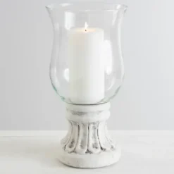 Candle Holders-Kirkland's Home Glass Hurricane With Petal Cement Base, 11 In. White