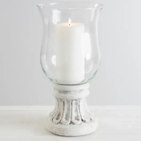 Candle Holders-Kirkland's Home Glass Hurricane With Petal Cement Base, 11 In. White