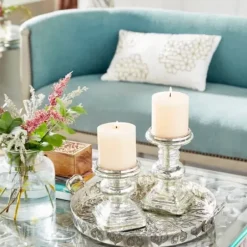 Candle Holders-Kirkland's Home Glass Ornate 2-Pc. Pillar Candle Holder Set Silver
