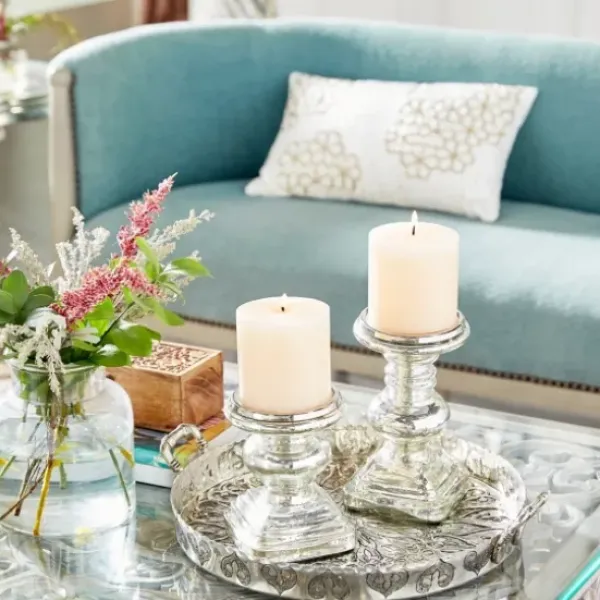 Candle Holders-Kirkland's Home Glass Ornate 2-Pc. Pillar Candle Holder Set Silver