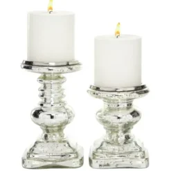 Candle Holders-Kirkland's Home Glass Ornate 2-Pc. Pillar Candle Holder Set Silver