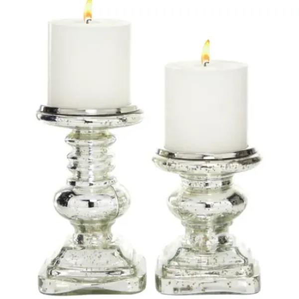 Candle Holders-Kirkland's Home Glass Ornate 2-Pc. Pillar Candle Holder Set Silver