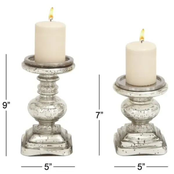 Candle Holders-Kirkland's Home Glass Ornate 2-Pc. Pillar Candle Holder Set Silver