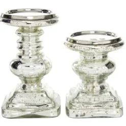 Candle Holders-Kirkland's Home Glass Ornate 2-Pc. Pillar Candle Holder Set Silver