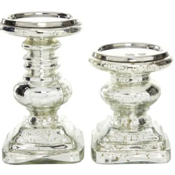 Candle Holders-Kirkland's Home Glass Ornate 2-Pc. Pillar Candle Holder Set Silver