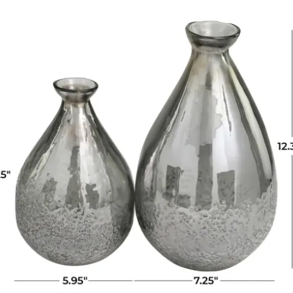 Vases-Kirkland's Home Glass Teardrop Textured Vases, Set Of 2 Silver