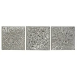 Wall Plaques-Kirkland's Home Glazed Iron Carved Floral Plaques, Set Of 3 Gray