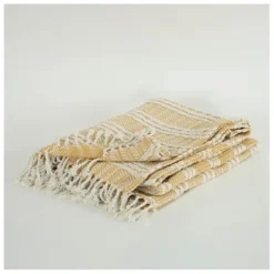 Blankets & Throws-Kirkland's Home Gold And Ivory Striped Cotton Throw Gold/Ivory