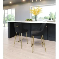 Bar Stools & Counter Height Stools-Kirkland's Home Gold And Velvet Counter Stool Black