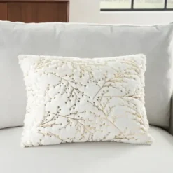 Pillows-Kirkland's Home Gold Branches Faux Fur Lumbar Pillow White/Gold