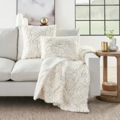 Pillows-Kirkland's Home Gold Branches Faux Fur Lumbar Pillow White/Gold