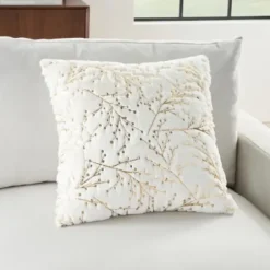 Pillows-Kirkland's Home Gold Branches Faux Fur Throw Pillow White/Gold