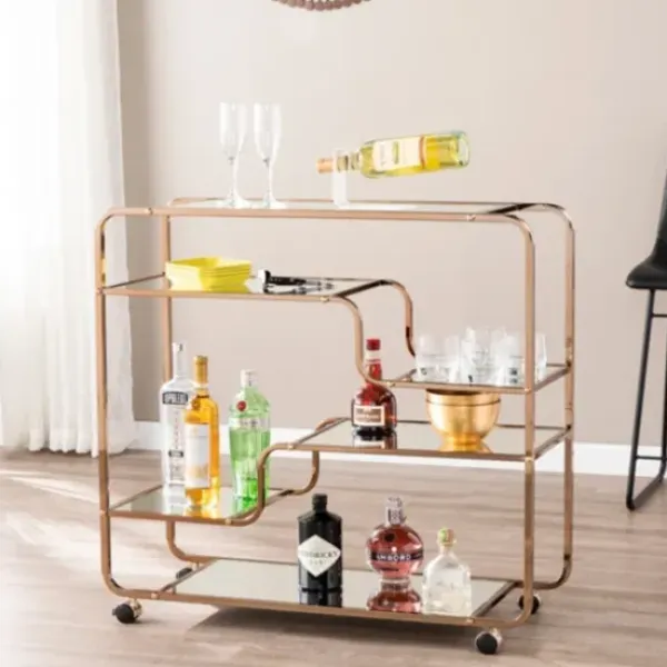 Kitchen Islands & Bar Carts-Kirkland's Home Gold Curved Metal Mirrored Bar Cart