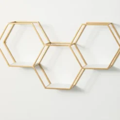 Shelves-Kirkland's Home Gold Hexagonal Metal Frame White Wall Shelf