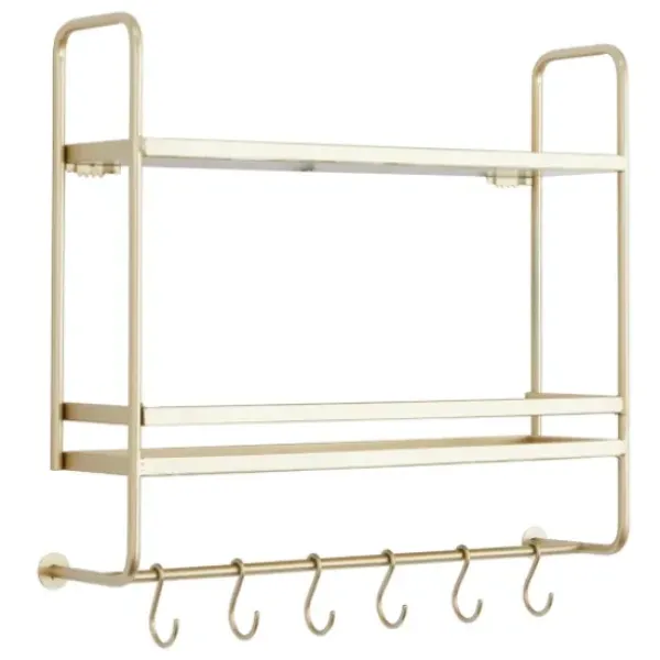 Wall Storage-Kirkland's Home Gold Iron Frame Wall Shelf With Hooks