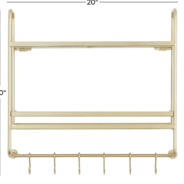 Wall Storage-Kirkland's Home Gold Iron Frame Wall Shelf With Hooks