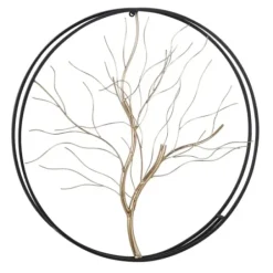 Wall Plaques-Kirkland's Home Gold Iron Leaf-Less Tree Round Frame Wall Plaque Black