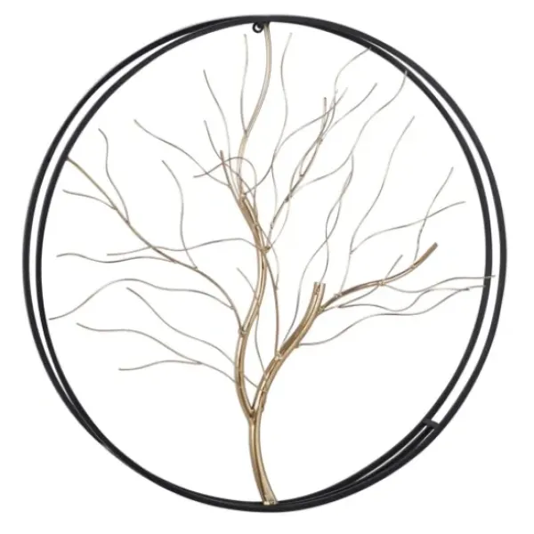 Wall Plaques-Kirkland's Home Gold Iron Leaf-Less Tree Round Frame Wall Plaque Black