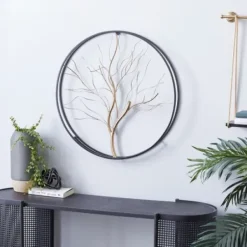 Wall Plaques-Kirkland's Home Gold Iron Leaf-Less Tree Round Frame Wall Plaque Black