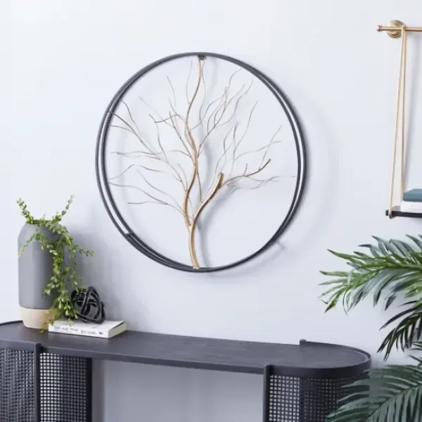 Wall Plaques-Kirkland's Home Gold Iron Leaf-Less Tree Round Frame Wall Plaque Black