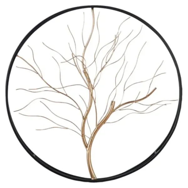 Wall Plaques-Kirkland's Home Gold Iron Leaf-Less Tree Round Frame Wall Plaque Black