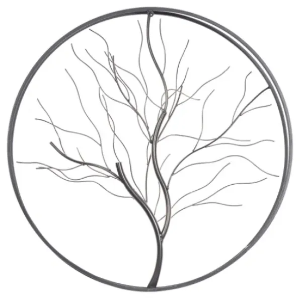 Wall Plaques-Kirkland's Home Gold Iron Leaf-Less Tree Round Frame Wall Plaque Black