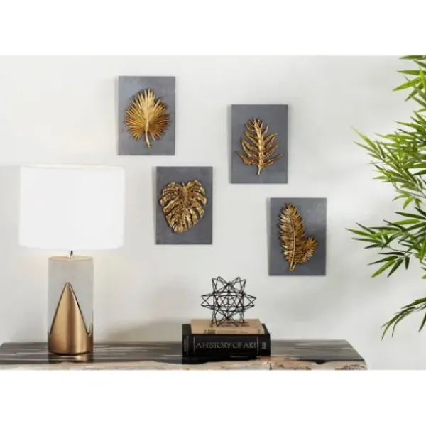 Wall Plaques-Kirkland's Home Gold Leaves Cement Wall Plaques, Set Of 4 Gold/Gray